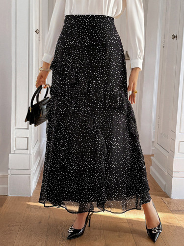 Split-Joint Ruffled Polka-Dot Layered Contrast Color High Waisted A-Line Skirts Bottoms