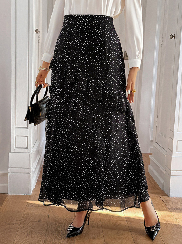 Split-Joint Ruffled Polka-Dot Layered Contrast Color High Waisted A-Line Skirts Bottoms