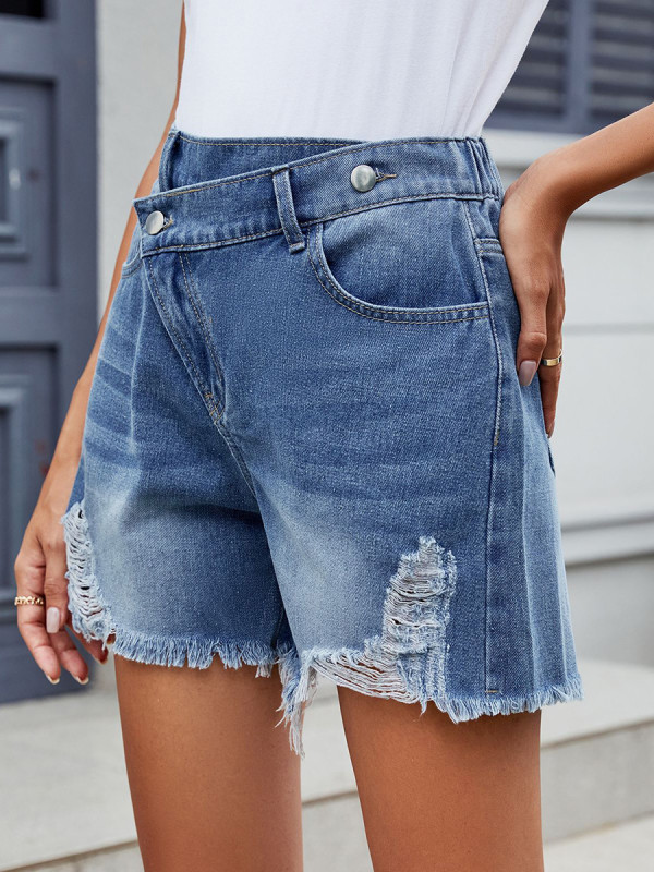 Tasseled Solid Color Ripped Pockets Buttoned High Waisted Shorts Bottoms