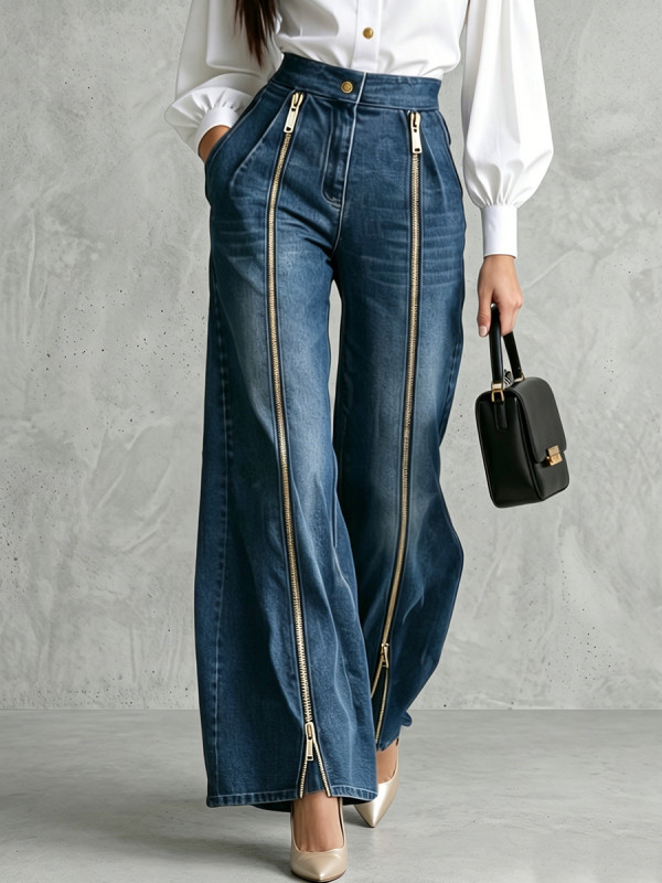 Zipper Pockets Buttoned Wide Leg High Waisted Jean Pants Bottoms