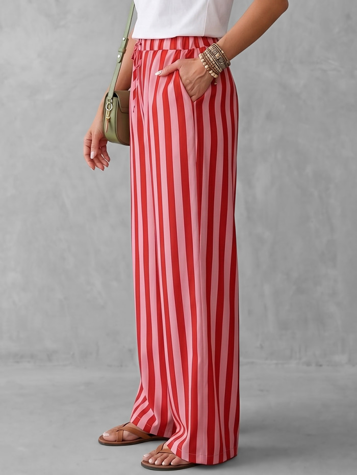 Striped Pockets Elasticity Drawstring Contrast Color Wide Leg Loose Trousers Pants