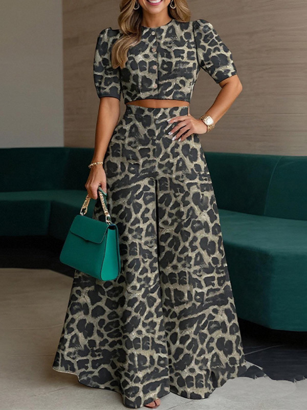 Leopard Buttoned Wide Leg Short Sleeves Round-Neck Blouses Top + Pants Bottom Two Pieces Set