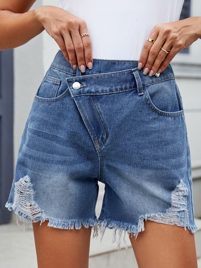 Tasseled Solid Color Ripped Pockets Buttoned High Waisted Shorts Bottoms