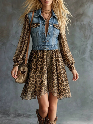 Split-Joint Pockets Leopard Buttoned Loose Long Sleeves Lapel Mini Dresses