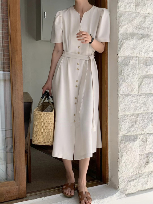 Tied Waist Split-Joint Solid Color Buttoned Short Sleeves Puff Sleeves V-neck Midi Dresses