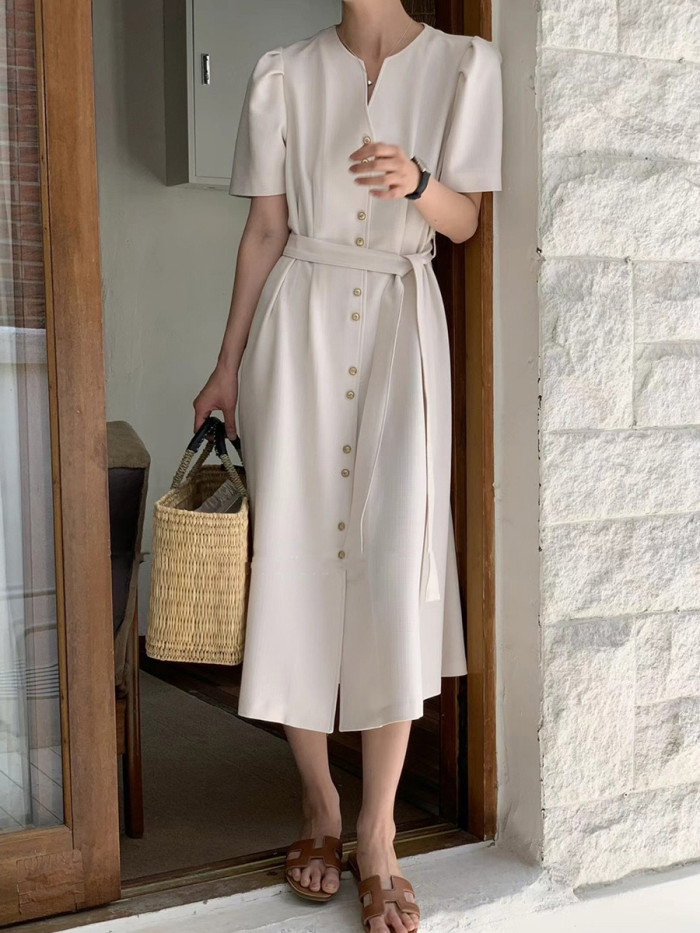 Tied Waist Split-Joint Solid Color Buttoned Short Sleeves Puff Sleeves V-neck Midi Dresses