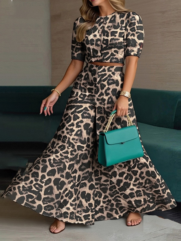 Leopard Buttoned Wide Leg Short Sleeves Round-Neck Blouses Top + Pants Bottom Two Pieces Set