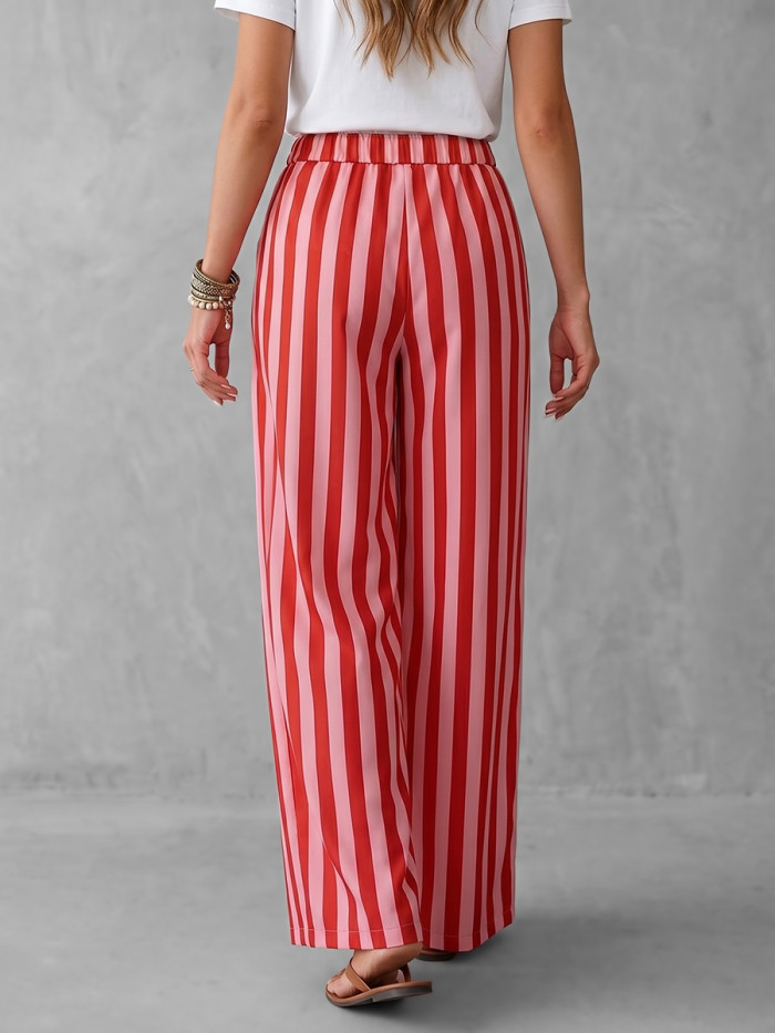 Striped Pockets Elasticity Drawstring Contrast Color Wide Leg Loose Trousers Pants