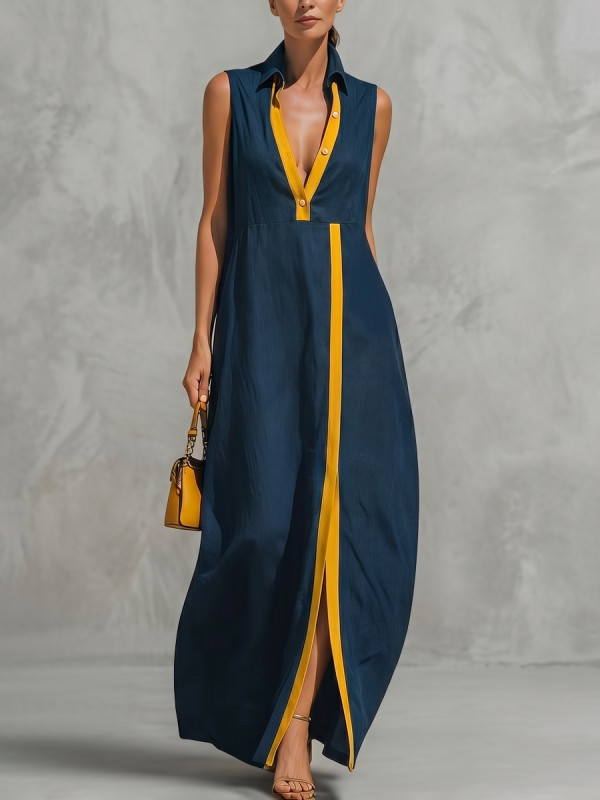 Zipper Split-Front Contrast Color Buttoned Sleeveless Loose Lapel Maxi Dresses