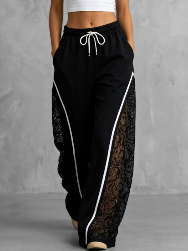 Split-Joint See-Through Pockets Elasticity Drawstring Contrast Color Wide Leg Loose Trousers Pants
