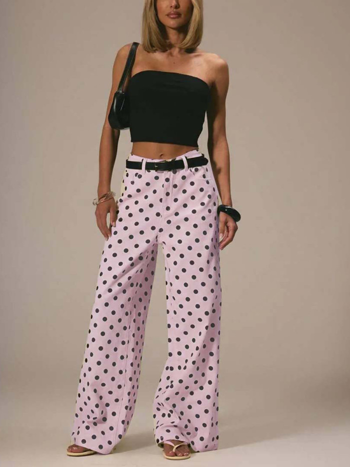 Zipper Polka Dot No Belt Contrast Color Buttoned Wide Leg High Waisted Trousers Pants