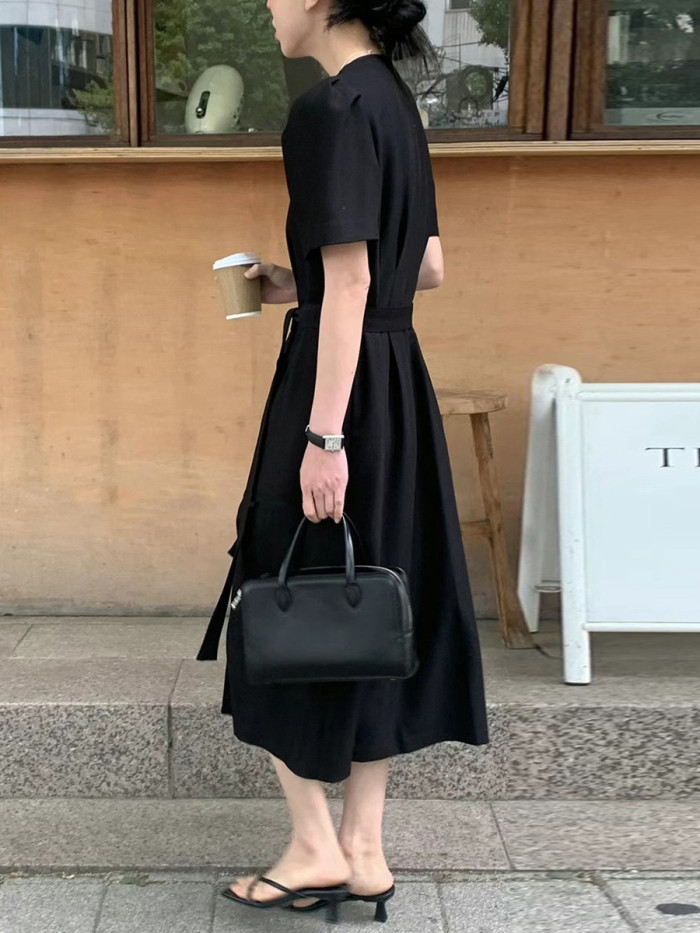 Tied Waist Split-Joint Solid Color Buttoned Short Sleeves Puff Sleeves V-neck Midi Dresses