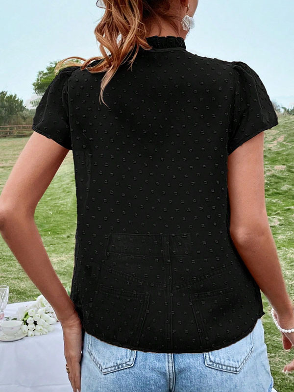 Solid Color Lace-Up Falbala Short Sleeves Puff Sleeves Blouses&shirts Tops