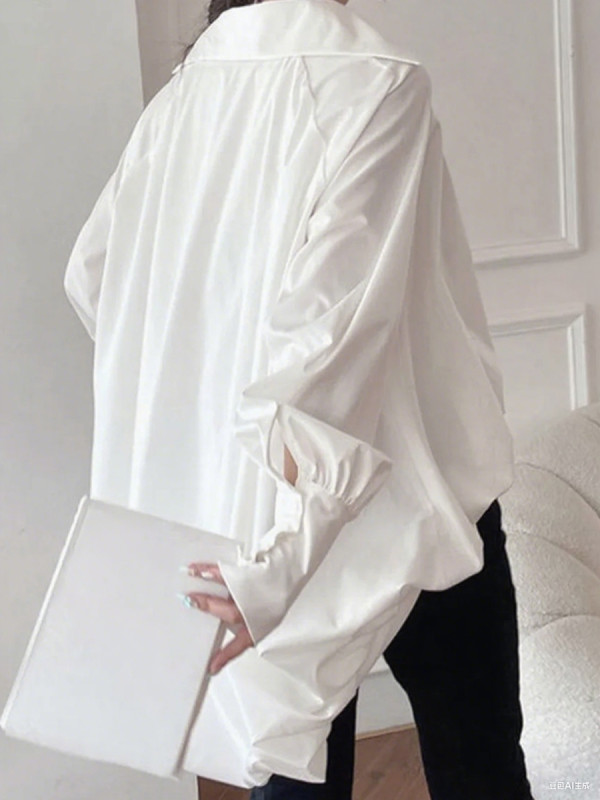 Solid Color Pleated Plus Size Loose Lapel Collar Blouses&shirts Tops