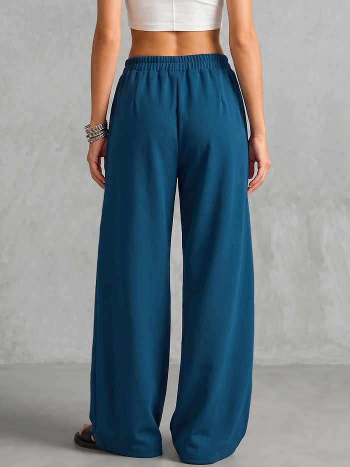 Solid Color Pockets Elasticity Drawstring Wide Leg Loose Trousers Pants