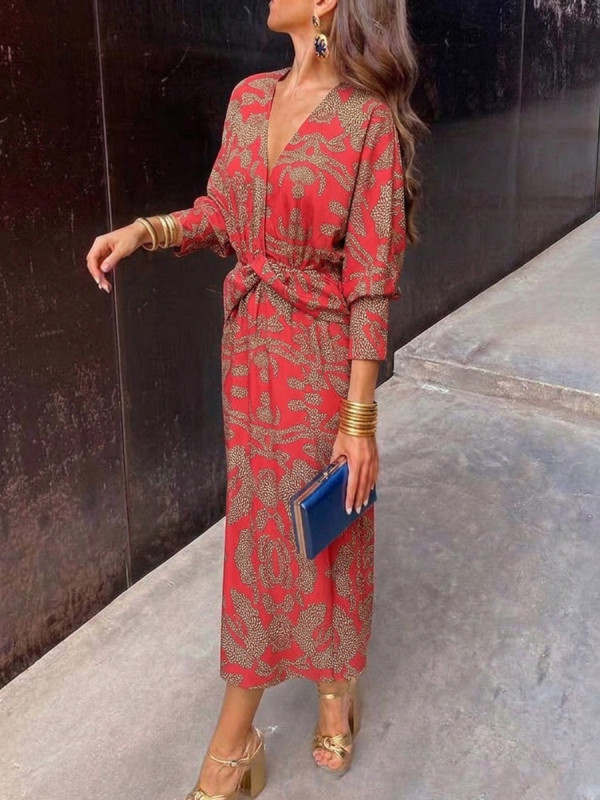 Printed Knot Contrast Color Plus Size Long Sleeves Deep V-Neck Midi Dresses