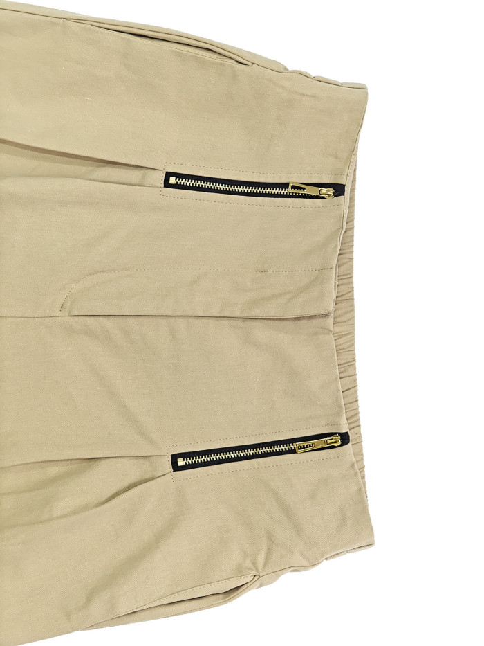 Zipper Solid Color Pockets Pleated Elasticity Wide Leg High Waisted Cropped Trousers Capri-Pants