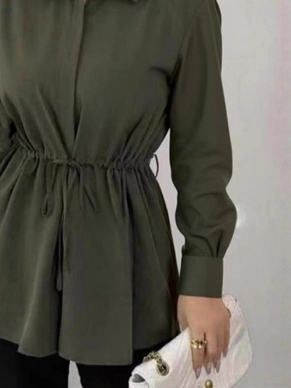 Tied Waist Solid Color Pleated Drawstring Long Sleeves Elasticated Waist Lapel Blouses&Shirts Tops