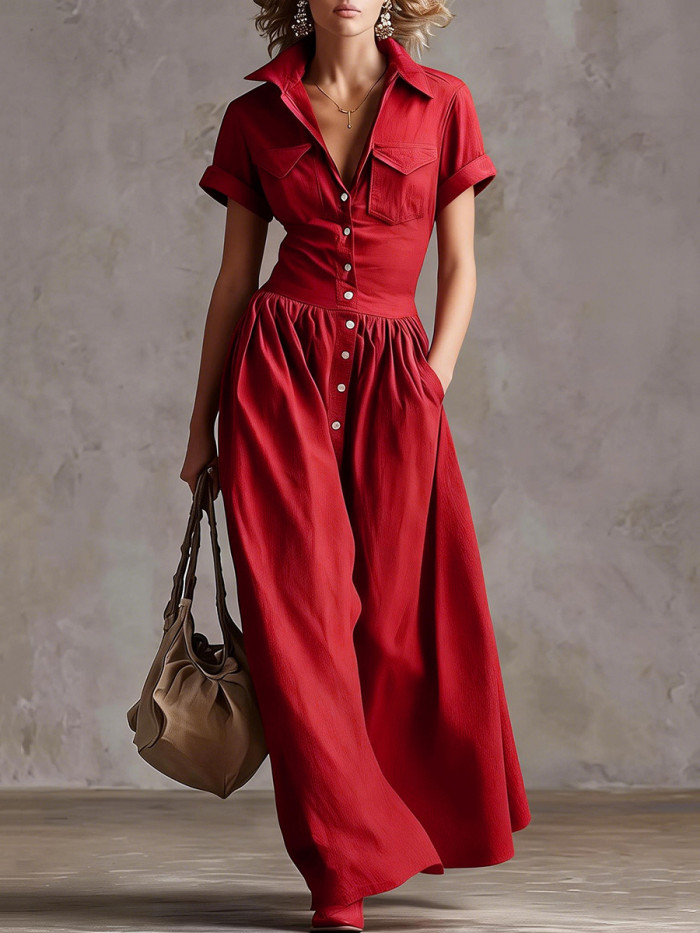 Split-Joint Solid Color Pockets Pleated Buttoned Short Sleeves Loose Lapel Maxi Dresses