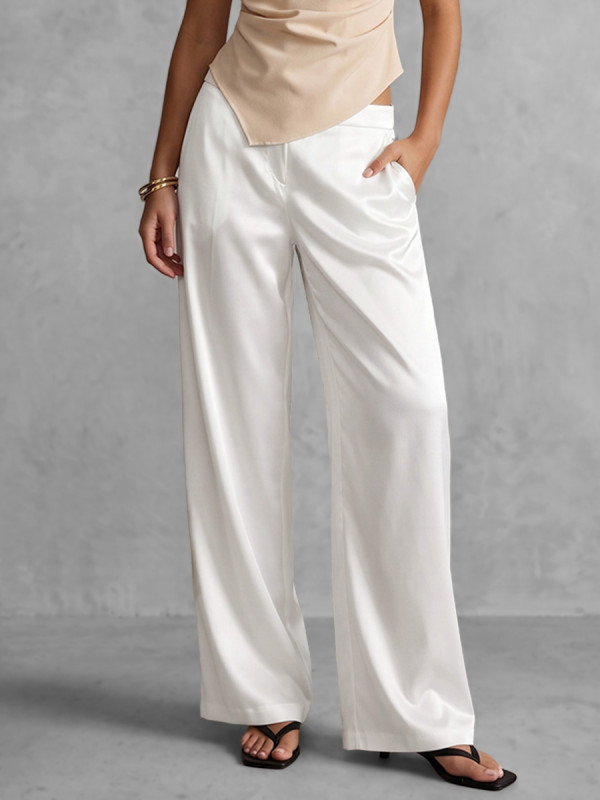 Zipper Solid Color Pockets Wide Leg Loose Trousers Pants