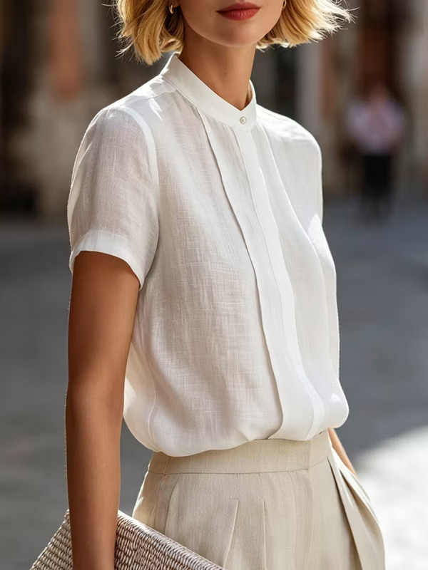 Split-Joint Solid Color Buttoned Short Sleeves Loose Round-neck Blouses&shirts Tops