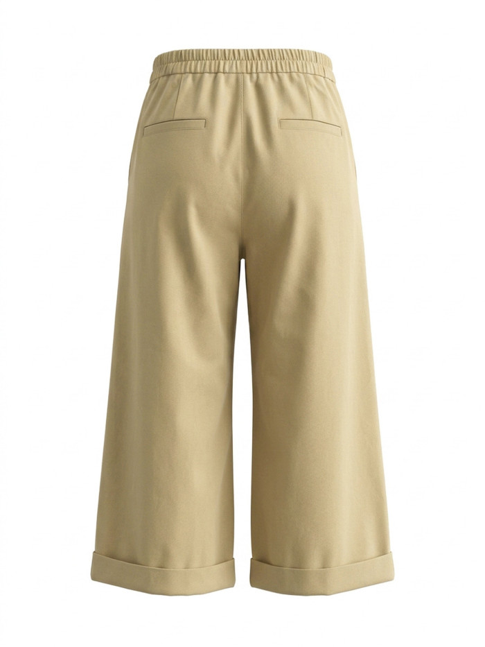 Zipper Solid Color Pockets Pleated Elasticity Wide Leg High Waisted Cropped Trousers Capri-Pants