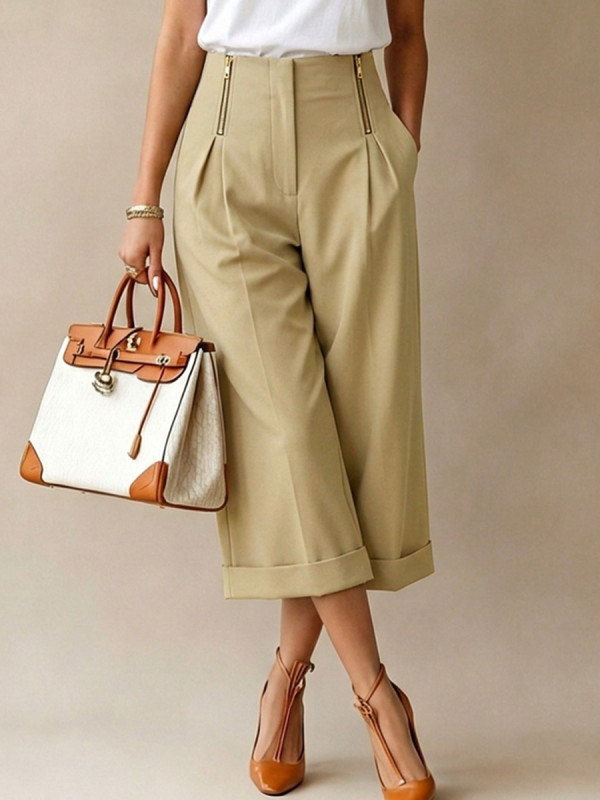 Zipper Solid Color Pockets Pleated Elasticity Wide Leg High Waisted Cropped Trousers Capri-Pants