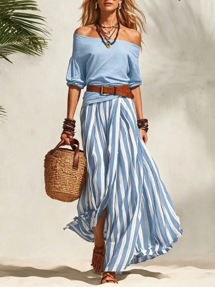 Half Sleeves Solid Color Off-The-Shoulder T-Shirts Tops + Belted Contrast Color A-Line Striped Skirts Bottoms Two Pieces Set