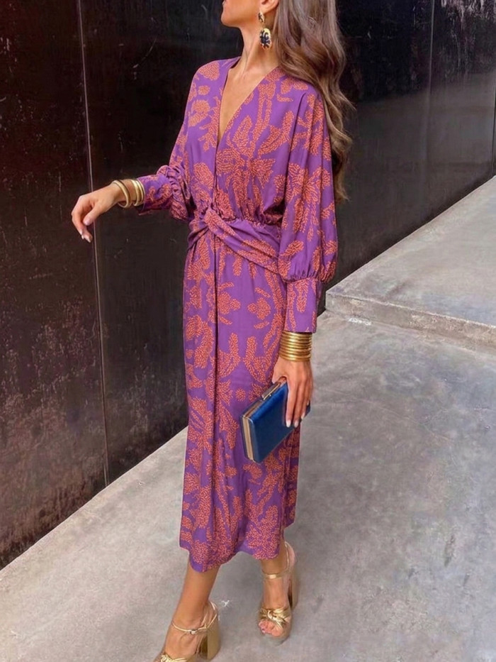 Printed Knot Contrast Color Plus Size Long Sleeves Deep V-Neck Midi Dresses