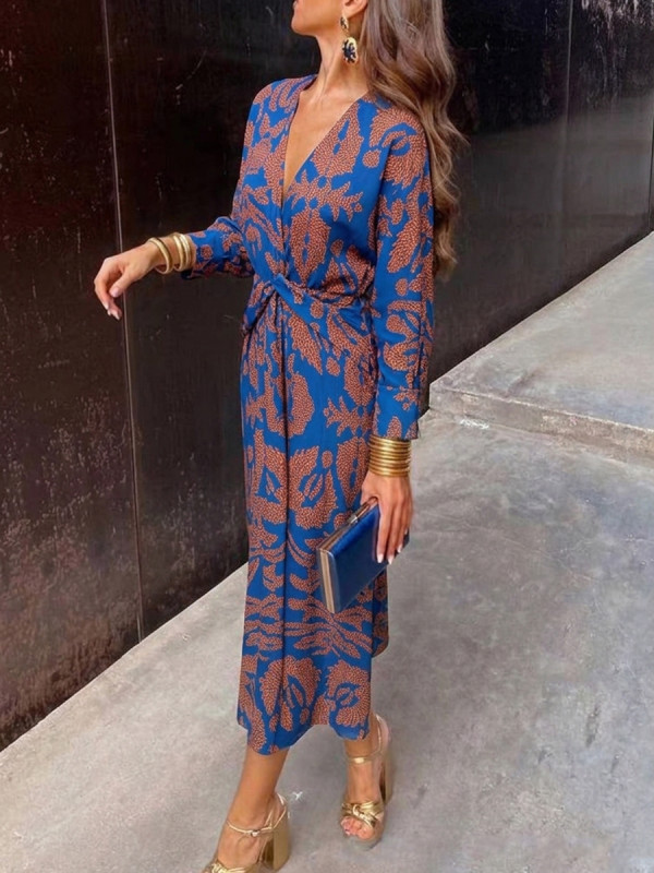 Printed Knot Contrast Color Plus Size Long Sleeves Deep V-Neck Midi Dresses