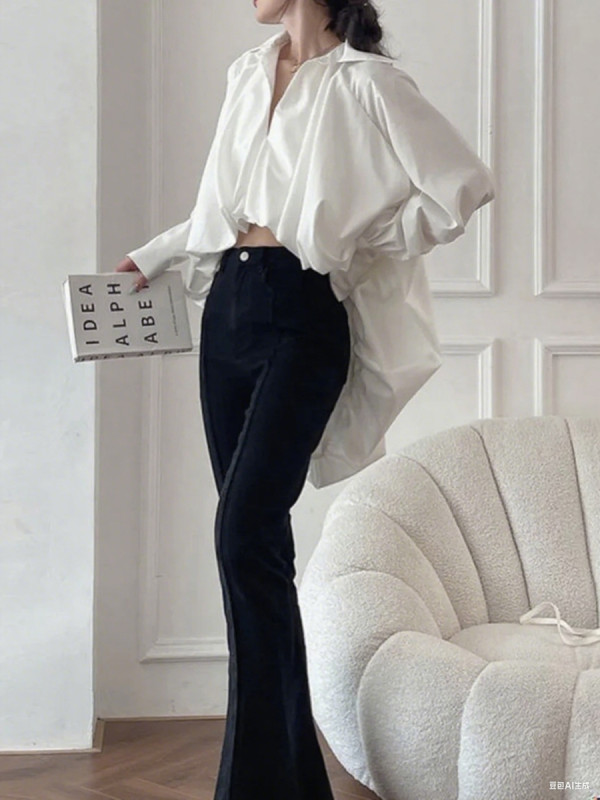 Solid Color Pleated Plus Size Loose Lapel Collar Blouses&shirts Tops