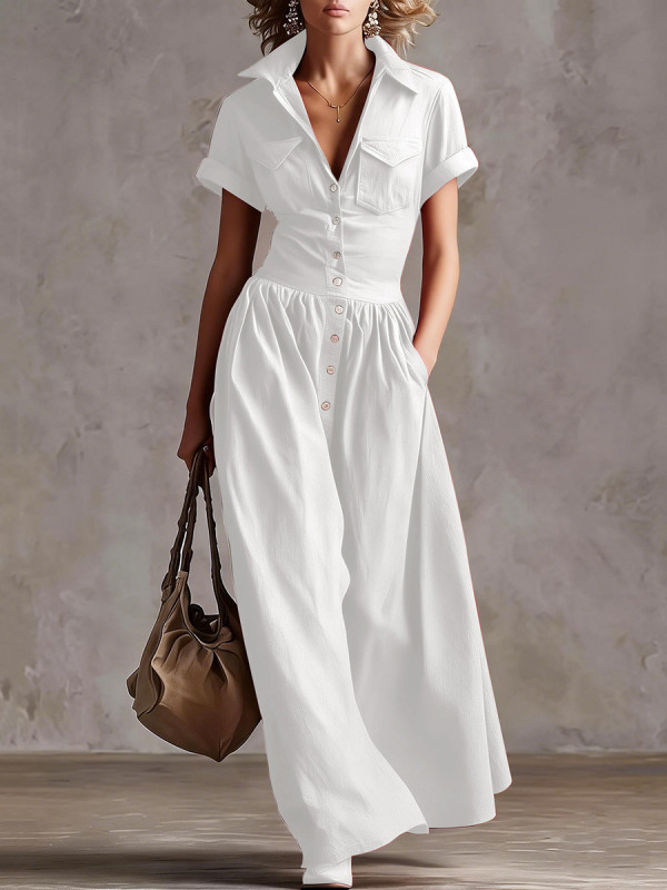 Split-Joint Solid Color Pockets Pleated Buttoned Short Sleeves Loose Lapel Maxi Dresses