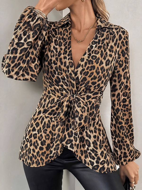 Leopard Knot Long Sleeves V-neck Blouses&shirts Tops
