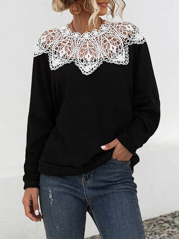 Split-Joint Hollow Loose Long Sleeves Round-neck Blouses&shirts Tops