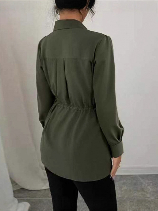 Tied Waist Solid Color Pleated Drawstring Long Sleeves Elasticated Waist Lapel Blouses&Shirts Tops