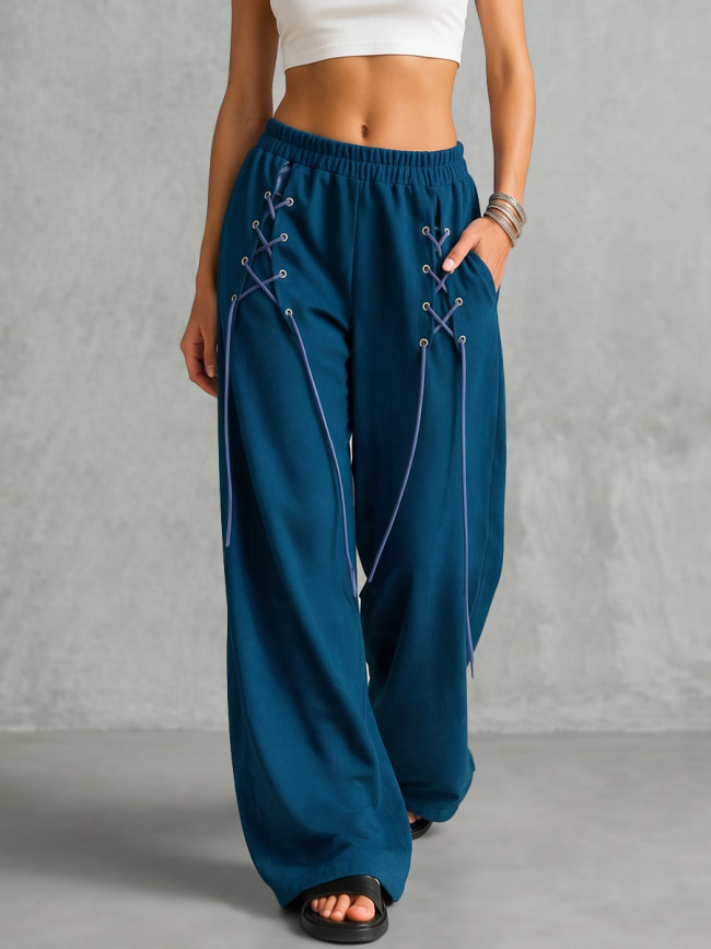 Solid Color Pockets Elasticity Drawstring Wide Leg Loose Trousers Pants