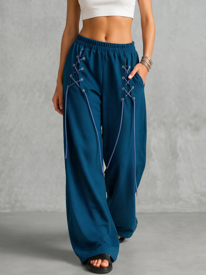 Solid Color Pockets Elasticity Drawstring Wide Leg Loose Trousers Pants