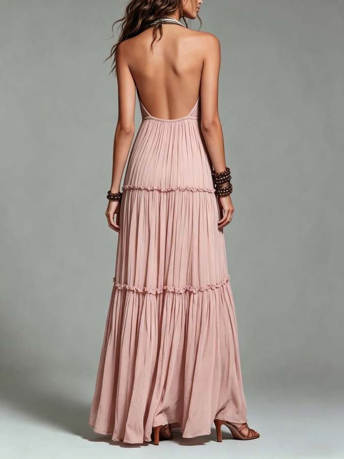 Bohemian-style Halter-neck Tiered Pleated Maxi Dress
