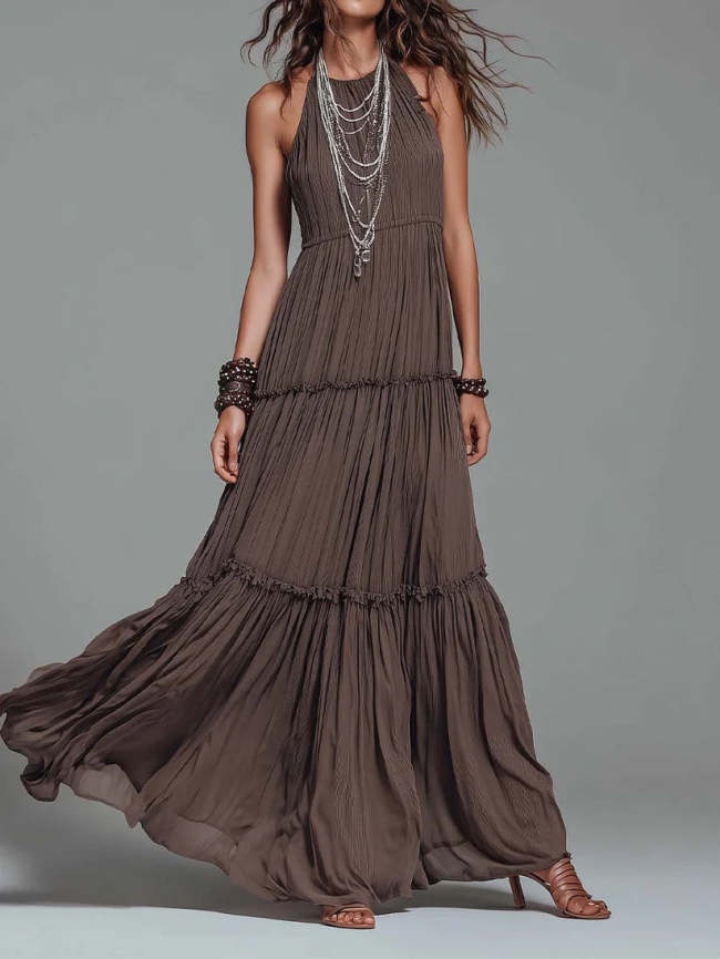 Bohemian-style Halter-neck Tiered Pleated Maxi Dress