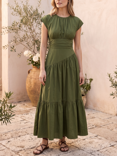 A-Line High Waisted Pleated Solid Color Split-Joint Round-Neck Maxi Dresses