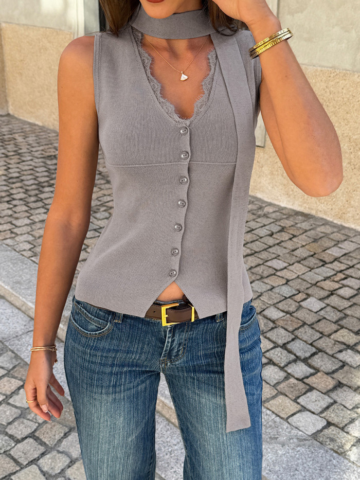 Solid Color Ribbon Buttoned Sleeveless Loose V-Neck Vest Outerwear