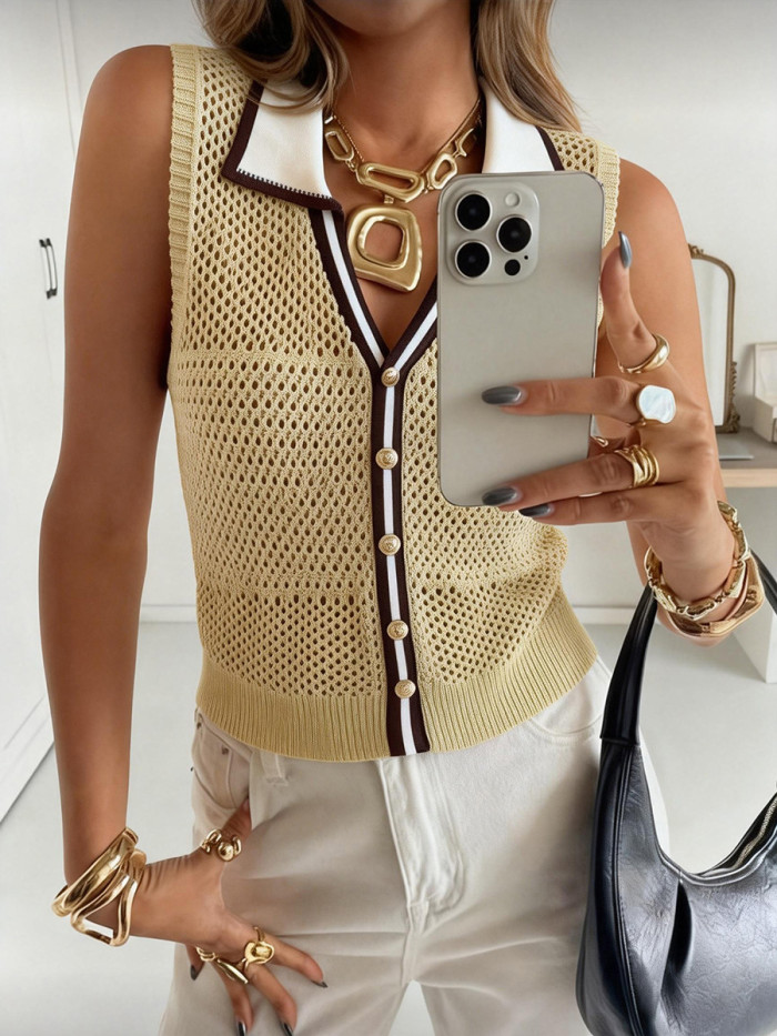 Contrast Color Buttoned Sleeveless Loose V-Neck Vest Top