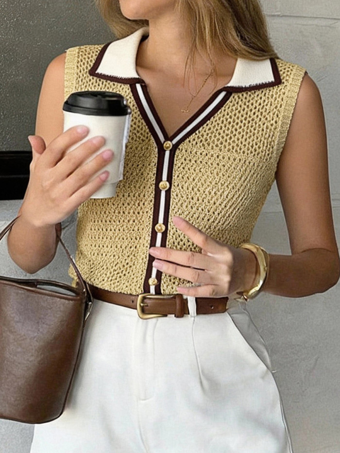 Contrast Color Buttoned Sleeveless Loose V-Neck Vest Top
