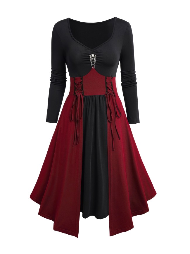 Women's Vintage 1950s Elegant Long Maxi Dress with Low Neckline & Long Sleeves - Solid Color X-Line Figure Flare Dress for Weddings, Parties, Special Occasions (Autumn\u002FWinter) - Hand Washable