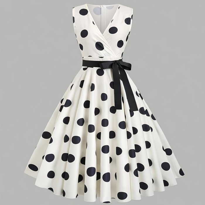 Elegant French Style 1950S Classic Large Polka Dot Sleeveless V-Neck High-Waisted Flared Mid-Length Dress