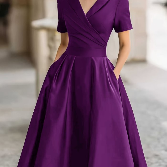 Elegant Vintage Hepburn Dress for Women, V-Neck Short Sleeve, Waist-Cinching Flared Gown Dress