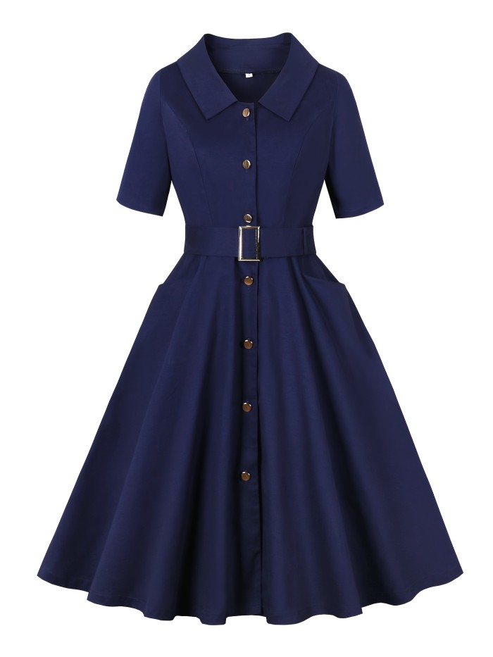 Women'S Navy Blue Single-Breasted Belted Elegant Half Sleeve Spring Summer Autumn 1950S Vintage Clothing Pockets Solid Dresses