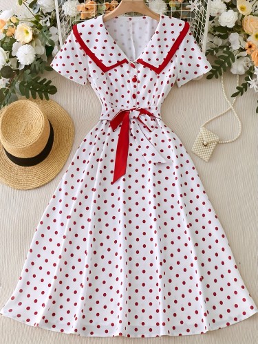 Women's 1950s Vintage Polka Dot A-Line Dress with Belted Waist & Bow Detail - Flared Short Sleeves, Button Front, Machine Washable - Elegant Party & Casual Spring\u002FSummer Dress, Retro Dress
