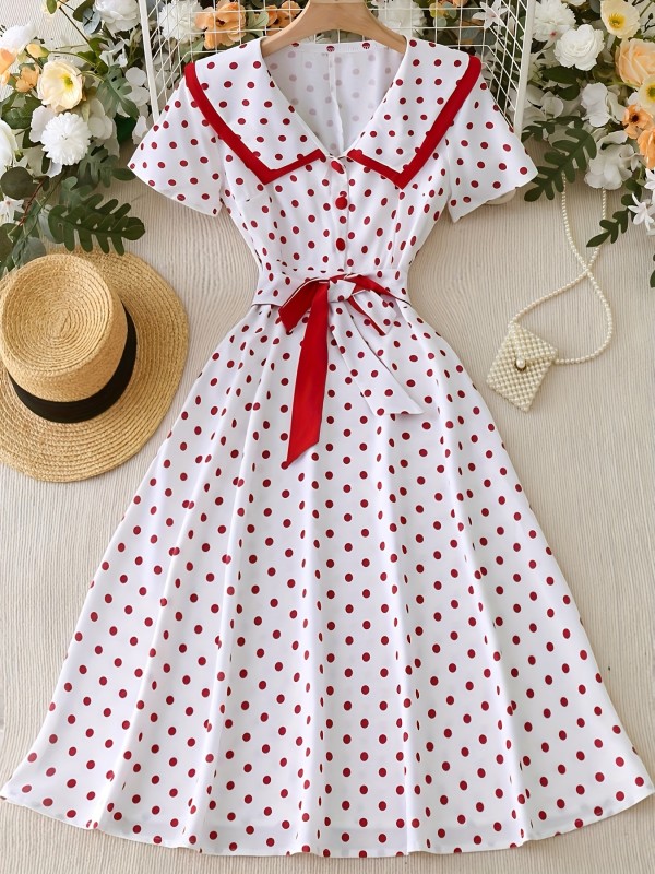 Women's 1950s Vintage Polka Dot A-Line Dress with Belted Waist & Bow Detail - Flared Short Sleeves, Button Front, Machine Washable - Elegant Party & Casual Spring\u002FSummer Dress, Retro Dress
