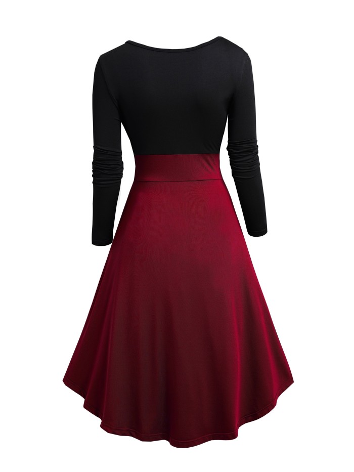 Women's Vintage 1950s Elegant Long Maxi Dress with Low Neckline & Long Sleeves - Solid Color X-Line Figure Flare Dress for Weddings, Parties, Special Occasions (Autumn\u002FWinter) - Hand Washable
